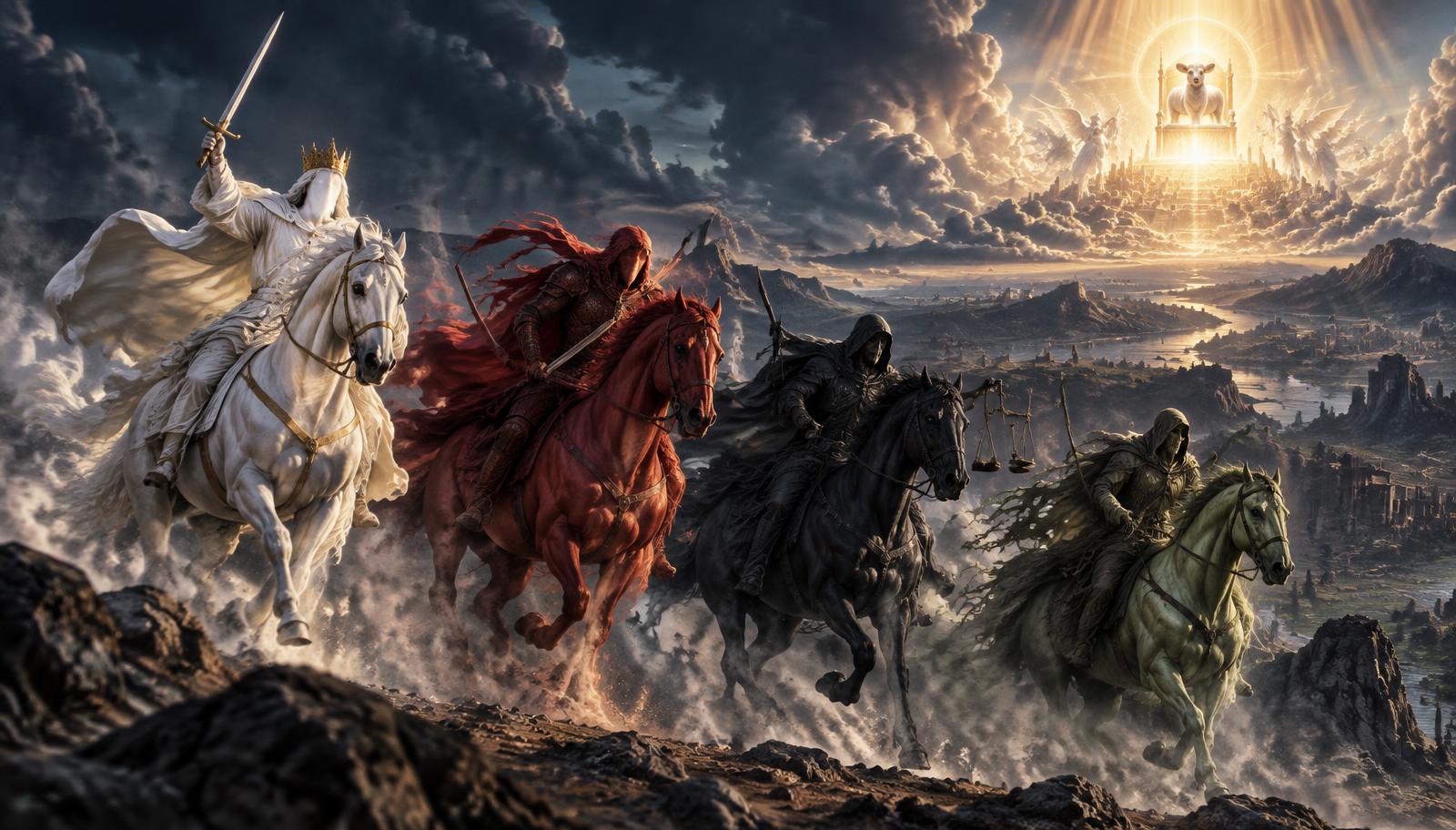 Artistic Bible illustration of the four horsemen from Revelation 6 under the authority of the Lamb.