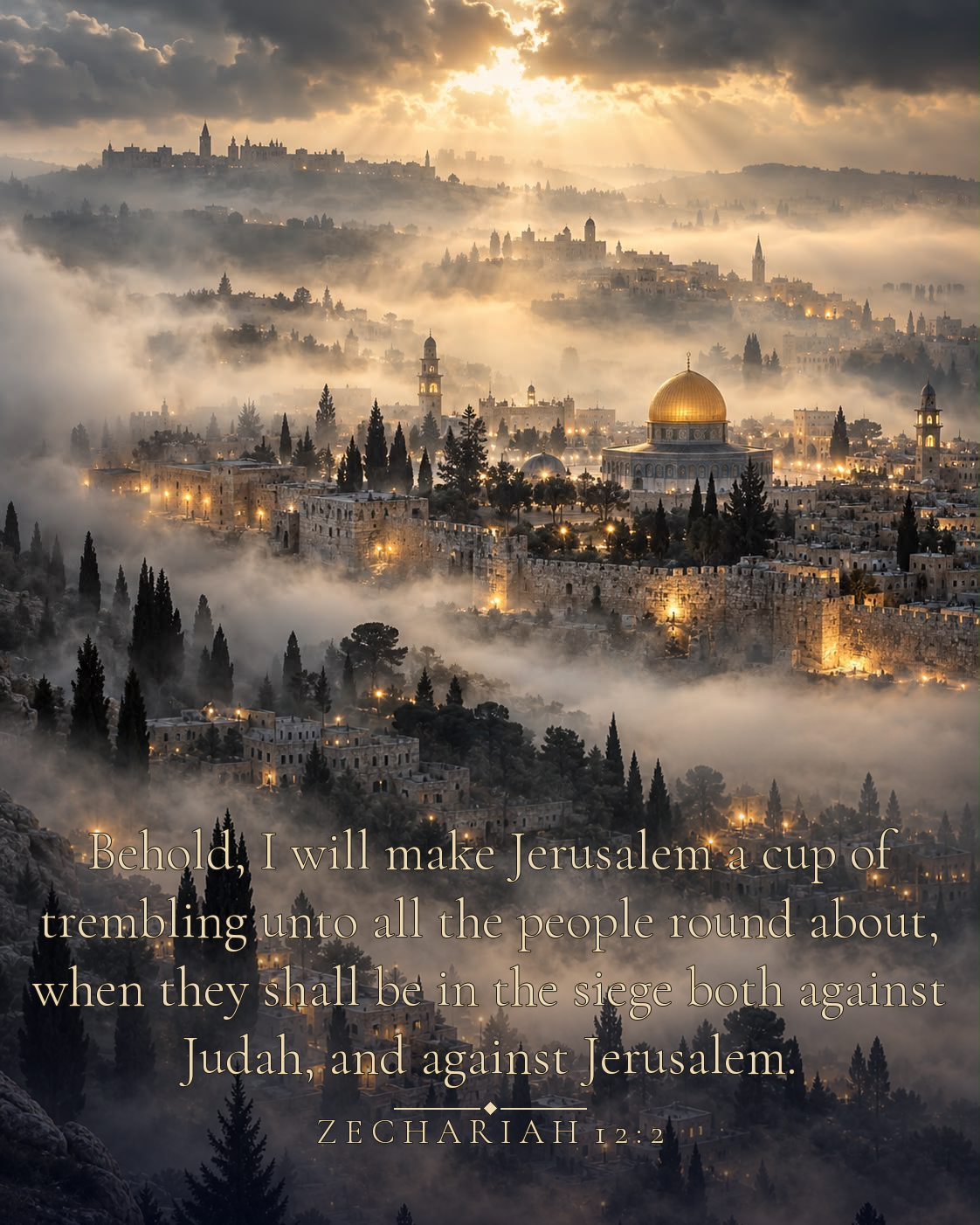 Jerusalem with the Dome of the Rock in morning mist, with the text of Zechariah 12:2.