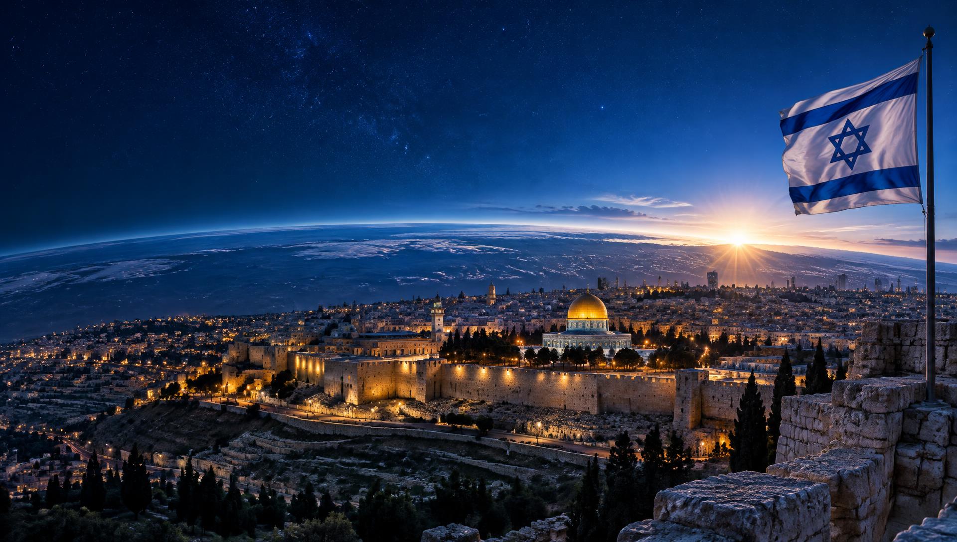 Jerusalem at blue hour beneath the curve of Earth with an Israeli flag